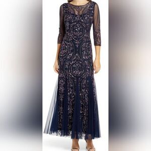 Pisarro Nights Beaded Illusion  Three-Quarter Sleeve Gown NWT sz 8 Navy Blue